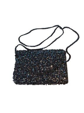 Sparkly Gunmetal Black Beaded Sequin Evening Clutch Purse